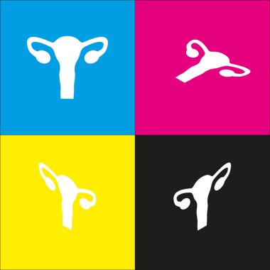 İnsan anatomisi. Rahim işareti. Vektör. İzometrik projeksiyonlar siyan, macenta, sarı ve siyah arka plan üzerinde beyaz simgesi.