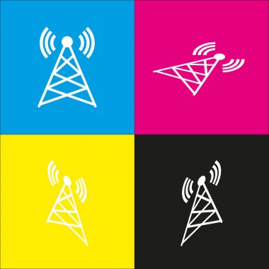 Anten işareti illüstrasyon. Vektör. İzometrik projeksiyonlar siyan, macenta, sarı ve siyah arka plan üzerinde beyaz simgesi.