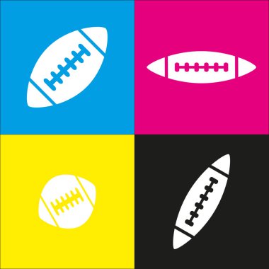 Amerikan basit futbol topu. Vektör. İzometrik projeksiyonlar siyan, macenta, sarı ve siyah arka plan üzerinde beyaz simgesi.