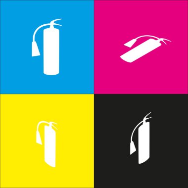 Yangın söndürücü işareti. Vektör. İzometrik projeksiyonlar siyan, macenta, sarı ve siyah arka plan üzerinde beyaz simgesi.