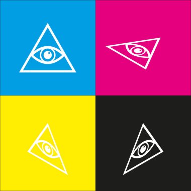 Tüm görme göz piramit sembolü. Mason ve manevi. Vektör. İzometrik projeksiyonlar siyan, macenta, sarı ve siyah arka plan üzerinde beyaz simgesi.