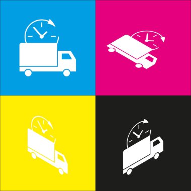 Teslimat işareti illüstrasyon. Vektör. İzometrik projeksiyonlar siyan, macenta, sarı ve siyah arka plan üzerinde beyaz simgesi.