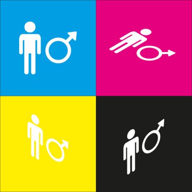 Erkek işareti illüstrasyon. Vektör. İzometrik projeksiyonlar siyan, macenta, sarı ve siyah arka plan üzerinde beyaz simgesi.