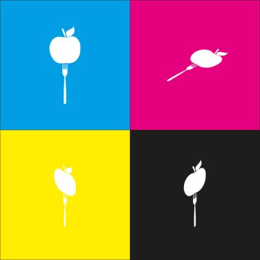 Vejetaryen yiyecekler işareti illüstrasyon. Vektör. İzometrik projeksiyonlar siyan, macenta, sarı ve siyah arka plan üzerinde beyaz simgesi.