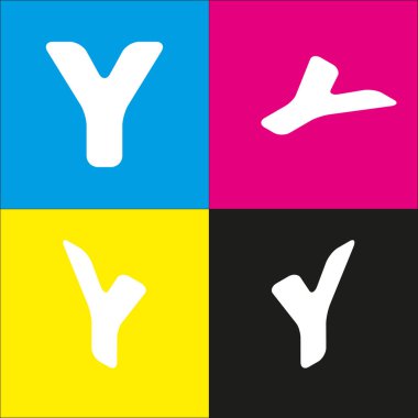 Y harfi işareti şablon öğesi tasarım. Vektör. İzometrik projeksiyonlar siyan, macenta, sarı ve siyah arka plan üzerinde beyaz simgesi.