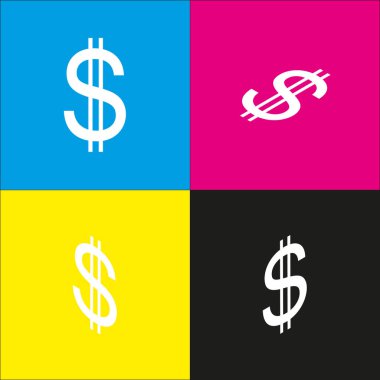 Amerika Birleşik Devletleri dolar işareti. Vektör. İzometrik projeksiyonlar siyan, macenta, sarı ve siyah arka plan üzerinde beyaz simgesi.