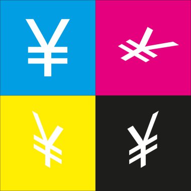 Yen işareti. Vektör. İzometrik projeksiyonlar siyan, macenta, sarı ve siyah arka plan üzerinde beyaz simgesi.