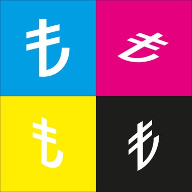 Turkiey Lirası işareti. Vektör. İzometrik projeksiyonlar siyan, macenta, sarı ve siyah arka plan üzerinde beyaz simgesi.