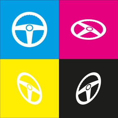 Araba sürücüsü işareti. Vektör. İzometrik projeksiyonlar siyan, macenta, sarı ve siyah arka plan üzerinde beyaz simgesi.