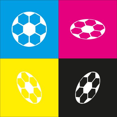 Futbol topu işareti. Vektör. İzometrik projeksiyonlar siyan, macenta, sarı ve siyah arka plan üzerinde beyaz simgesi.