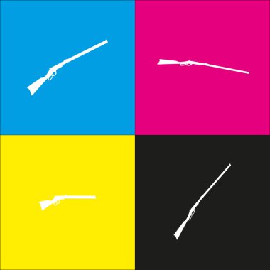 Av tüfeği simge vektör çizim. Siluet silah. Vektör. İzometrik projeksiyonlar siyan, macenta, sarı ve siyah arka plan üzerinde beyaz simgesi.