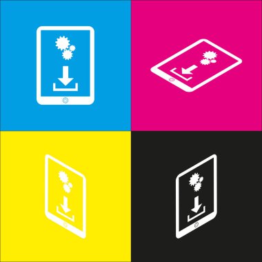 Ayarları simgesi olan telefon simgesi. Vektör. İzometrik projeksiyonlar siyan, macenta, sarı ve siyah arka plan üzerinde beyaz simgesi.