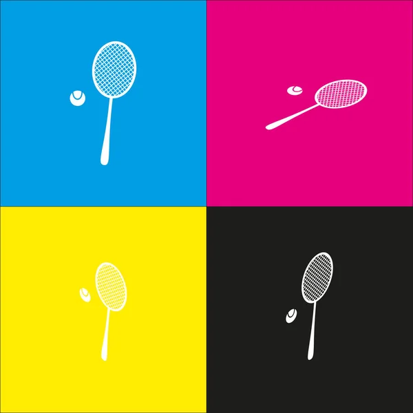 Panneau de raquette de tennis. Vecteur. Icône blanche avec saillies isométriques sur fond cyan, magenta, jaune et noir . — Image vectorielle