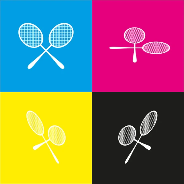 Tennisschläger unterschreiben. Vektor. weißes Symbol mit isometrischen Projektionen auf Cyan-, Magenta-, Gelb- und Schwarzhintergründen. — Stockvektor