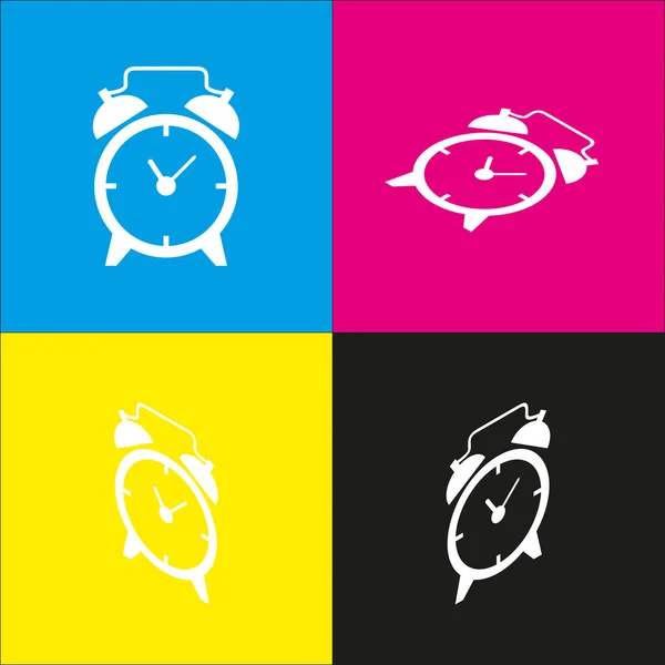 Alarm clock sign. Vector. White icon with isometric projections on cyan, magenta, yellow and black backgrounds. — Stock Vector