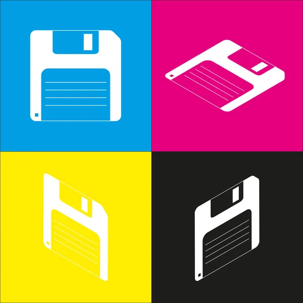 Floppy disk sign. Vector. White icon with isometric projections on cyan, magenta, yellow and black backgrounds. — Stock Vector