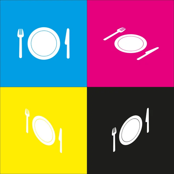 Forchetta, piatto e coltello. Vettore. Icona bianca con proiezioni isometriche su sfondo ciano, magenta, giallo e nero . — Vettoriale Stock
