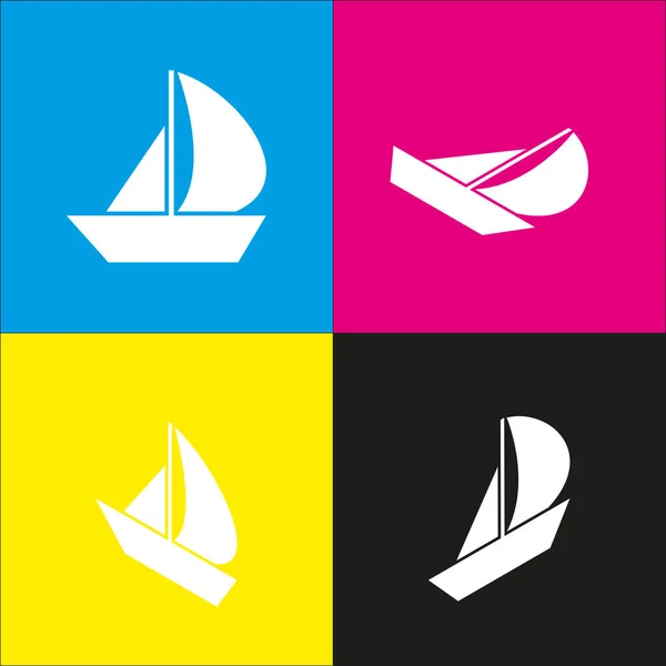 Señal de barco de vela. Vector. Icono blanco con proyecciones isométricas sobre fondos cian, magenta, amarillo y negro . — Archivo Imágenes Vectoriales