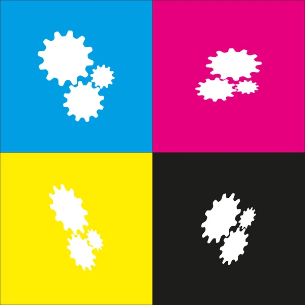 Configuración signo ilustración. Vector. Icono blanco con proyecciones isométricas sobre fondos cian, magenta, amarillo y negro . — Archivo Imágenes Vectoriales