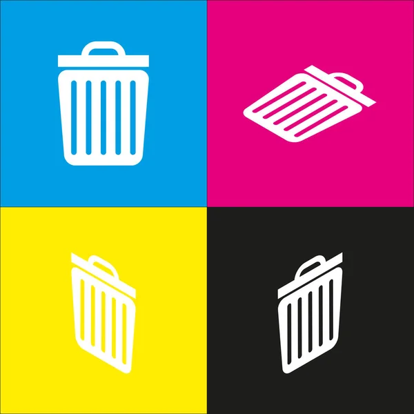 Trash sign illustration. Vector. White icon with isometric projections on cyan, magenta, yellow and black backgrounds. — Stock Vector