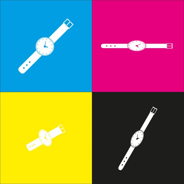 Signo de reloj ilustración. Vector. Icono blanco con proyecciones isométricas sobre fondos cian, magenta, amarillo y negro . — Archivo Imágenes Vectoriales