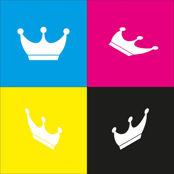 King crown sign. Vector. White icon with isometric projections on cyan, magenta, yellow and black backgrounds. — Stock Vector