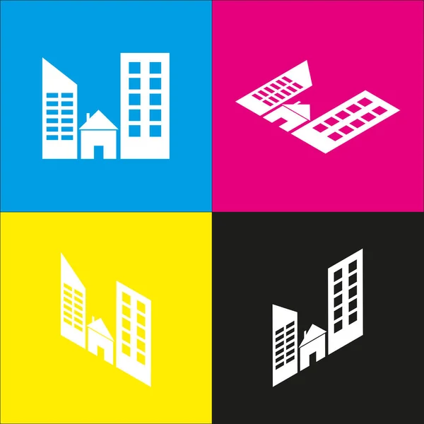 Real estate znamení. Vektor. Bílá ikona s izometrické projekce na pozadí azurová, purpurová, žlutá a černá. — Stockový vektor