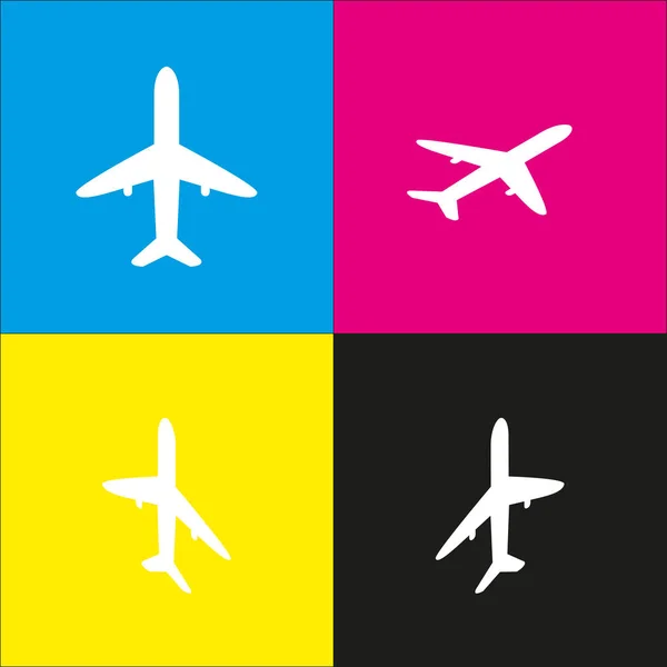 Ilustração do sinal do avião. Vector. Ícone branco com projeções isométricas em fundo ciano, magenta, amarelo e preto . — Vetor de Stock