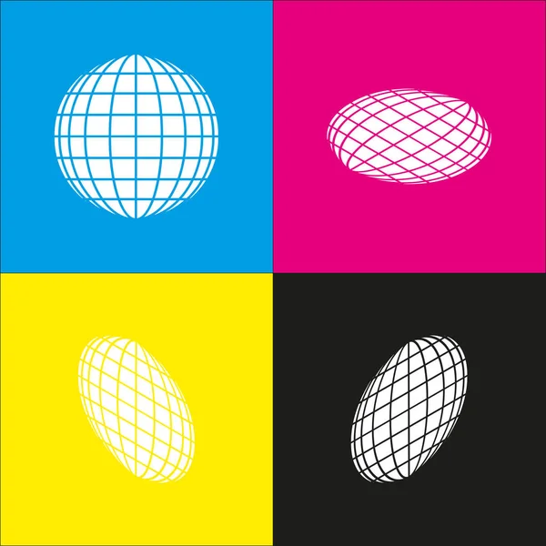 Signe Earth Globe. Vecteur. Icône blanche avec saillies isométriques sur fond cyan, magenta, jaune et noir . — Image vectorielle