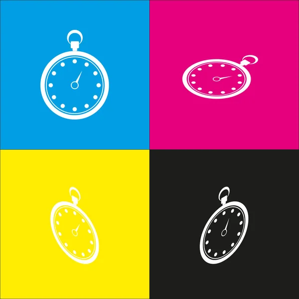 Illustrasjon av stoppeklokke. Vektor. Hvitt ikon med isometriske projeksjoner på cyan-, magenta-, gul- og svart bakgrunn . – stockvektor