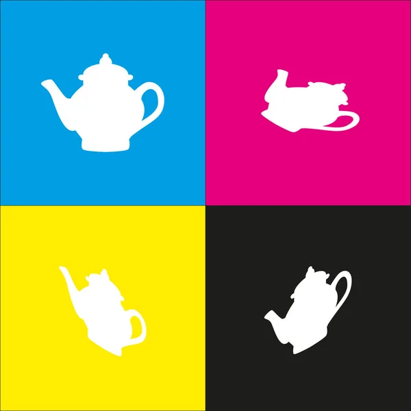 Tea maker sign. Vector. White icon with isometric projections on cyan, magenta, yellow and black backgrounds. — Stock Vector