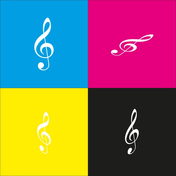 Signo de violino de música. G-clef. Fenda tripla. Vector. Ícone branco com projeções isométricas em fundo ciano, magenta, amarelo e preto . — Vetor de Stock