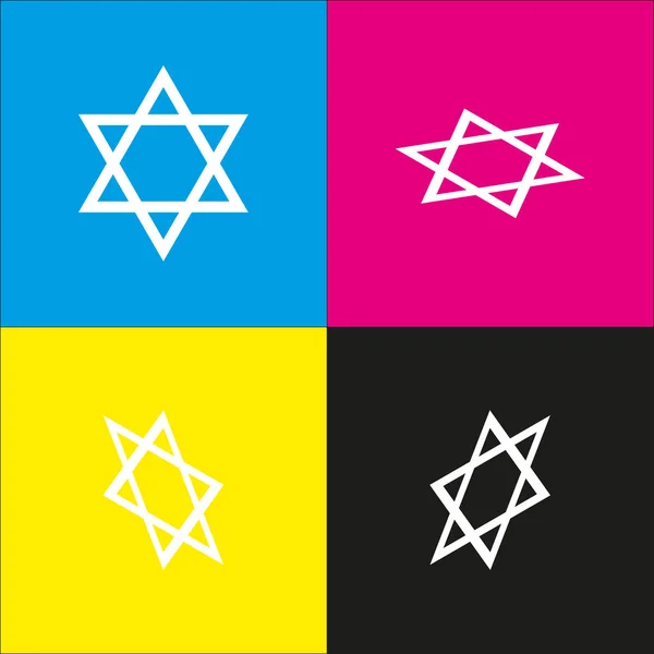 Щит Маген зірка Давида. Символ Ізраїлю. Вектор. Білий значок з ізометричної проекції на тлі блакитного, пурпурового, жовтого та чорного. — стоковий вектор