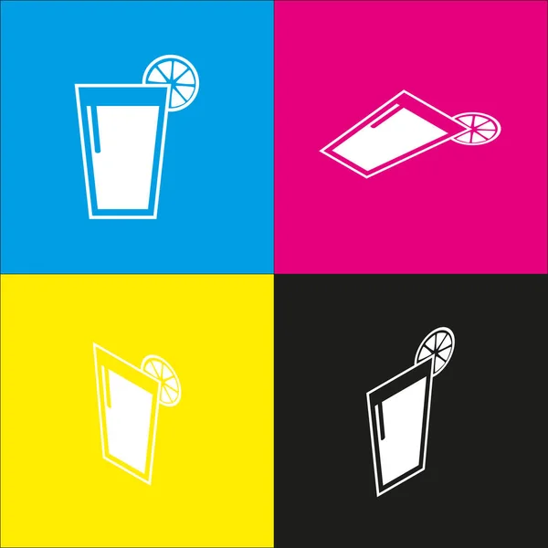 Glass of juice icons. Vector. White icon with isometric projections on cyan, magenta, yellow and black backgrounds. — Stock Vector