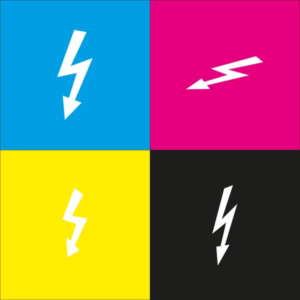 High voltage danger sign. Vector. White icon with isometric projections on cyan, magenta, yellow and black backgrounds. — Stock Vector