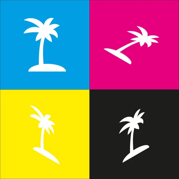 Знак кокосовой пальмы. Вектор. Белый значок с изометрическими проекциями на голубом, пурпурном, желтом и черном фоне . — стоковый вектор