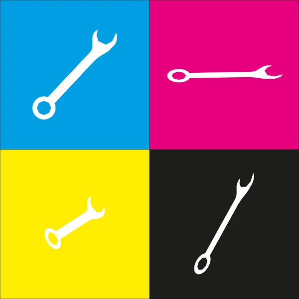 Crossed wrenches sign. Vector. White icon with isometric projections on cyan, magenta, yellow and black backgrounds. — Stock Vector