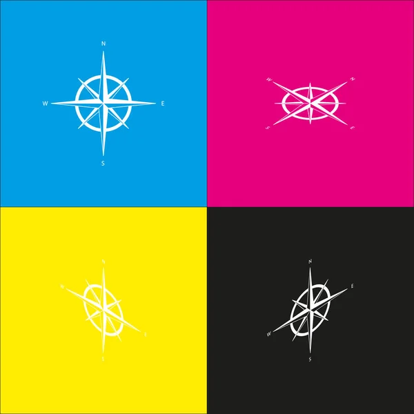 Větrná růžice znamení. Vektor. Bílá ikona s izometrické projekce na pozadí azurová, purpurová, žlutá a černá. — Stockový vektor