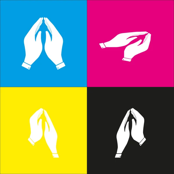 Hand icon illustration. Prayer symbol. Vector. White icon with isometric projections on cyan, magenta, yellow and black backgrounds. — Stock Vector