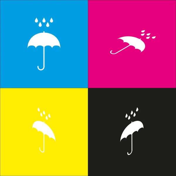 Paraguas con gotas de agua. Símbolo de protección contra lluvia. Estilo de diseño plano. Vector. Icono blanco con proyecciones isométricas sobre fondos cian, magenta, amarillo y negro . — Archivo Imágenes Vectoriales