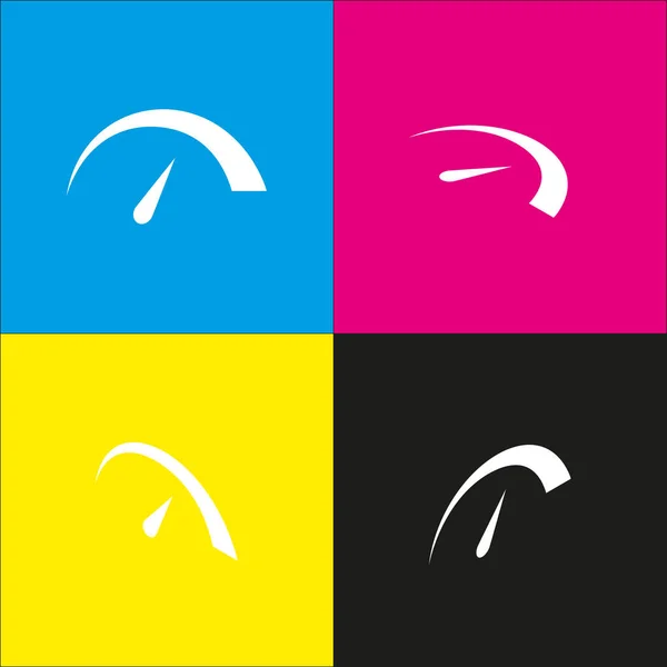 Ilustración del signo del velocímetro. Vector. Icono blanco con proyecciones isométricas sobre fondos cian, magenta, amarillo y negro . — Archivo Imágenes Vectoriales