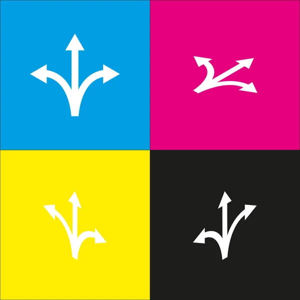 Three-way direction arrow sign. Vector. White icon with isometric projections on cyan, magenta, yellow and black backgrounds. — Stock Vector