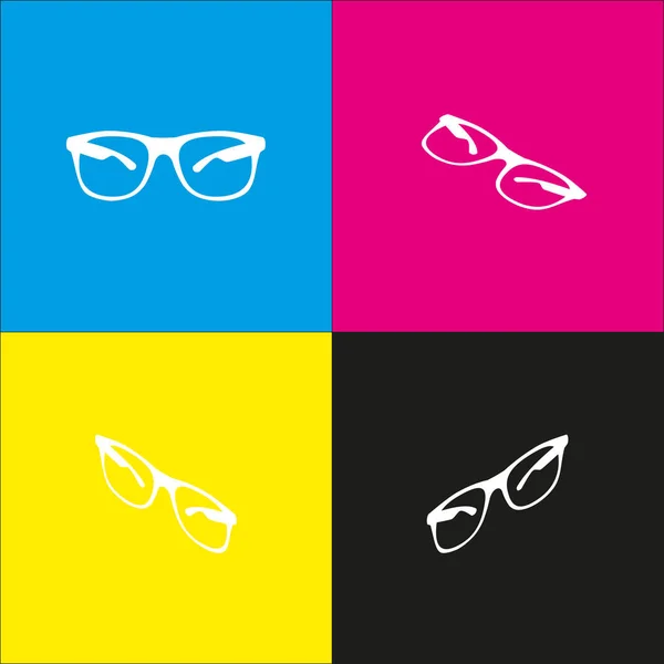 Sonnenbrille Zeichen Illustration. Vektor. weißes Symbol mit isometrischen Projektionen auf Cyan-, Magenta-, Gelb- und Schwarzhintergründen. — Stockvektor