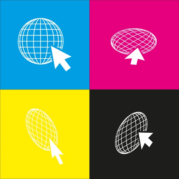 Globo de Tierra con cursor. Vector. Icono blanco con proyecciones isométricas sobre fondos cian, magenta, amarillo y negro . — Archivo Imágenes Vectoriales