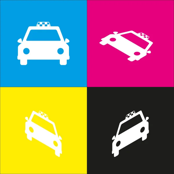タクシー記号図。ベクトル。シアン、マゼンタ、黄色、および黒の背景で等尺性突起のついた白いアイコン. — ストックベクタ