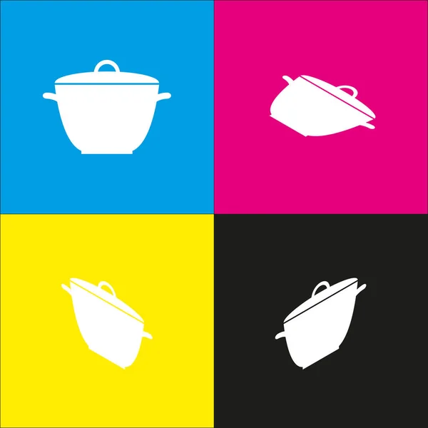 Saucepan simple sign. Vector. White icon with isometric projections on cyan, magenta, yellow and black backgrounds. — Stock Vector