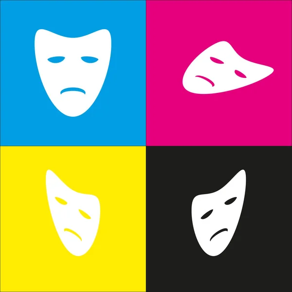 Tragedie theatrale maskers. Vector. Witte icoon met isometrische projecties op cyaan, magenta, gele en zwarte achtergronden. — Stockvector