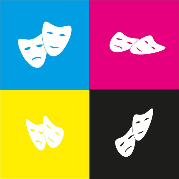 Theaterikone mit glücklichen und traurigen Masken. Vektor. weißes Symbol mit isometrischen Projektionen auf Cyan-, Magenta-, Gelb- und Schwarzhintergründen. — Stockvektor