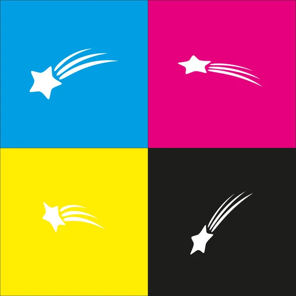 Um sinal de chuva de meteoros. Vector. Ícone branco com projeções isométricas em fundo ciano, magenta, amarelo e preto . —  Vetores de Stock