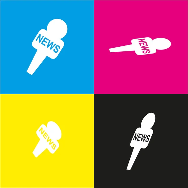 TV noticias micrófono signo ilustración. Vector. Icono blanco con proyecciones isométricas sobre fondos cian, magenta, amarillo y negro . — Vector de stock